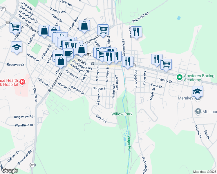 map of restaurants, bars, coffee shops, grocery stores, and more near 209 South Shupe Street in Mount Pleasant