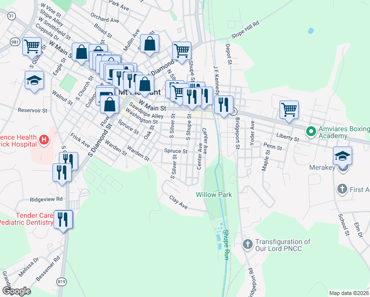 map of restaurants, bars, coffee shops, grocery stores, and more near 222 South Shupe Street in Mount Pleasant