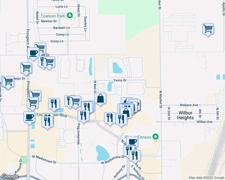 map of restaurants, bars, coffee shops, grocery stores, and more near 2401 Carisbrooke Drive in Champaign