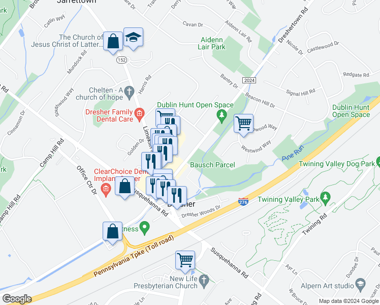 map of restaurants, bars, coffee shops, grocery stores, and more near 1424 Dreshertown Road in Fort Washington