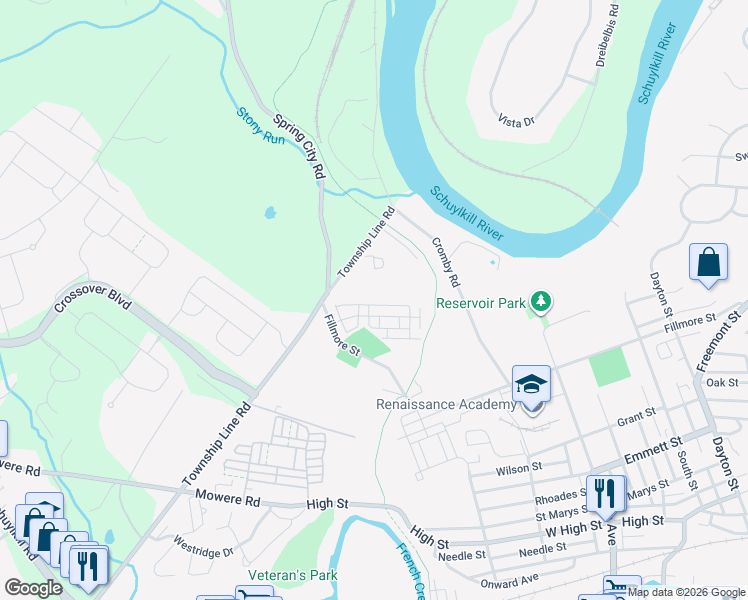 map of restaurants, bars, coffee shops, grocery stores, and more near 735 Platinum Drive in Phoenixville