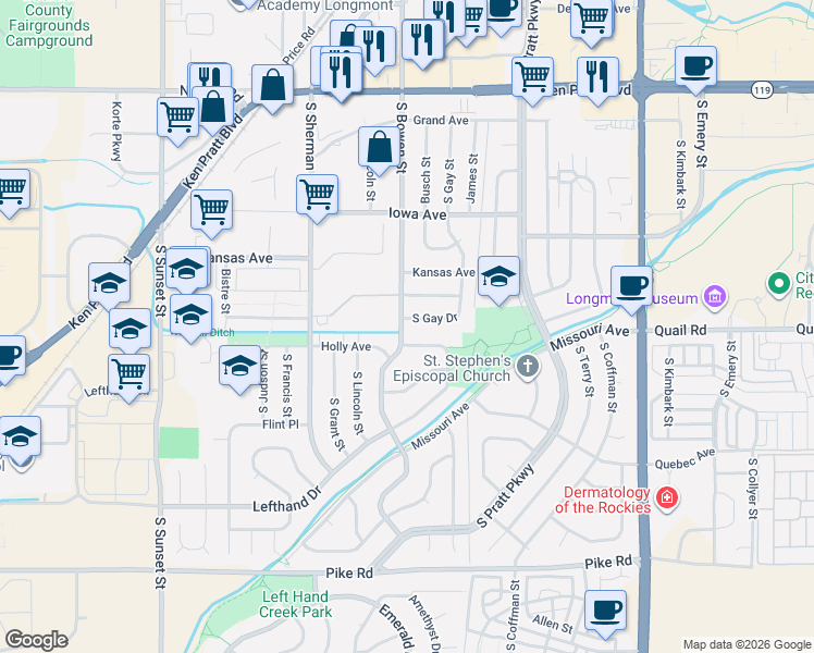 map of restaurants, bars, coffee shops, grocery stores, and more near 1251 South Bowen Street in Longmont