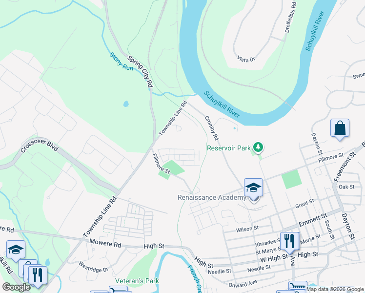 map of restaurants, bars, coffee shops, grocery stores, and more near 1295 Fillmore Street in Phoenixville