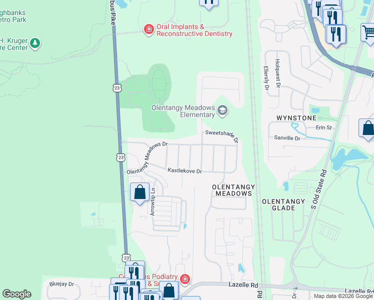 map of restaurants, bars, coffee shops, grocery stores, and more near 232 Olentangy Meadows Drive in Lewis Center
