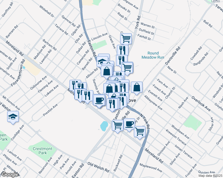 map of restaurants, bars, coffee shops, grocery stores, and more near 301 Easton Road in Willow Grove