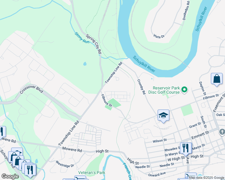 map of restaurants, bars, coffee shops, grocery stores, and more near 713 Platinum Drive in Phoenixville