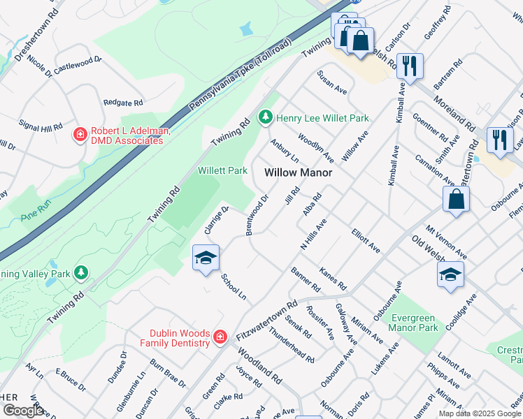 map of restaurants, bars, coffee shops, grocery stores, and more near 51 Brentwood Drive in Willow Grove