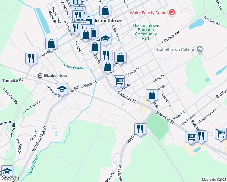 map of restaurants, bars, coffee shops, grocery stores, and more near 503 South Market Street in Elizabethtown