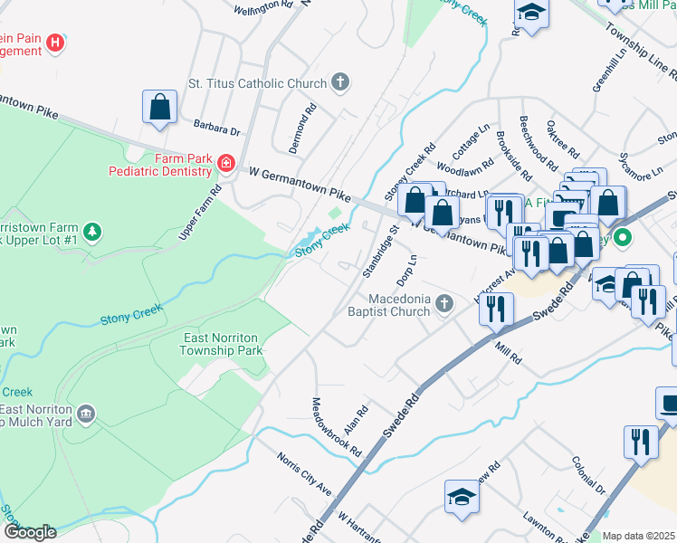 map of restaurants, bars, coffee shops, grocery stores, and more near 111 Teakwood Court in Norristown