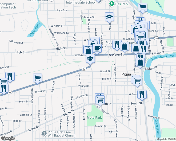 map of restaurants, bars, coffee shops, grocery stores, and more near 601 Covington Avenue in Piqua