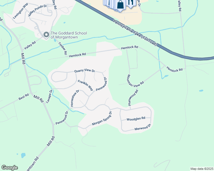 map of restaurants, bars, coffee shops, grocery stores, and more near 48 Pennwood Drive in Morgantown