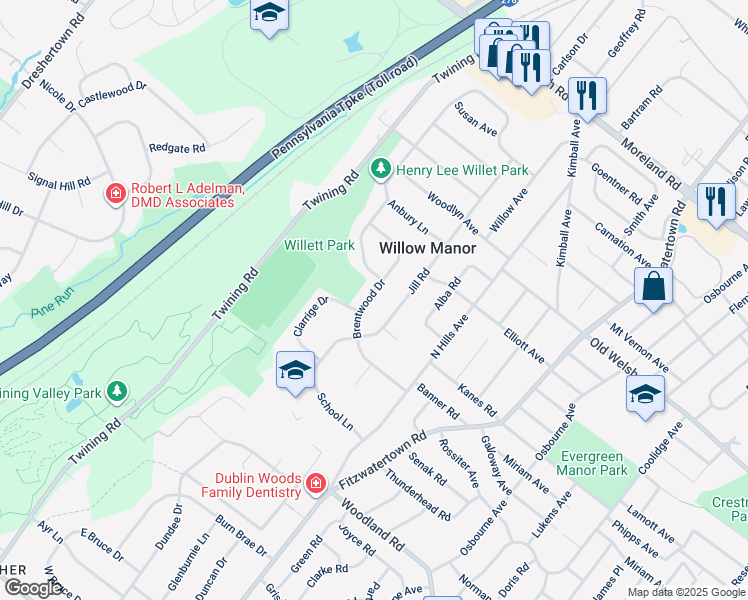 map of restaurants, bars, coffee shops, grocery stores, and more near 51 Brentwood Drive in Willow Grove