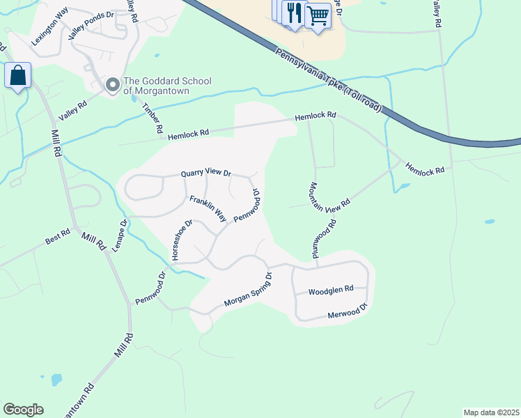 map of restaurants, bars, coffee shops, grocery stores, and more near 48 Pennwood Drive in Morgantown