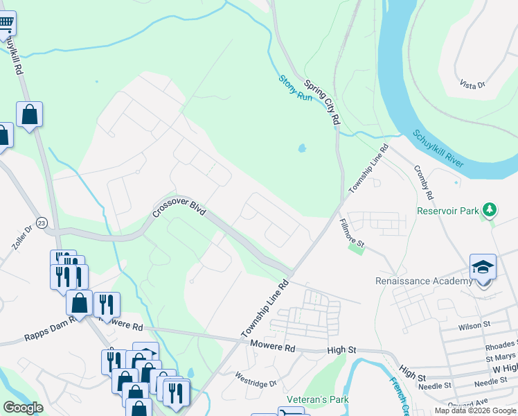 map of restaurants, bars, coffee shops, grocery stores, and more near 528 Gauge Street in Phoenixville