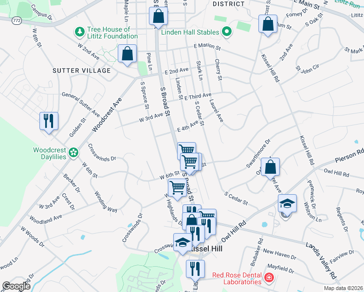 map of restaurants, bars, coffee shops, grocery stores, and more near 613 South Broad Street in Lititz