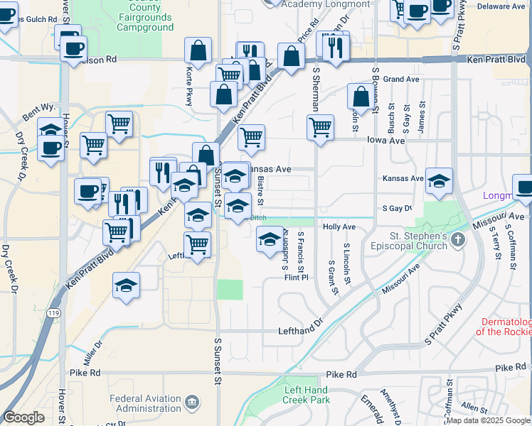 map of restaurants, bars, coffee shops, grocery stores, and more near 1529 Terra Rosa Avenue in Longmont