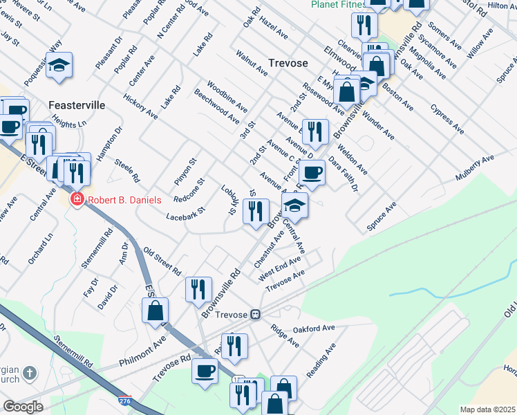 map of restaurants, bars, coffee shops, grocery stores, and more near 1323 East Pine Street in Trevose