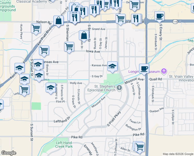 map of restaurants, bars, coffee shops, grocery stores, and more near 1105 Louisiana Place in Longmont