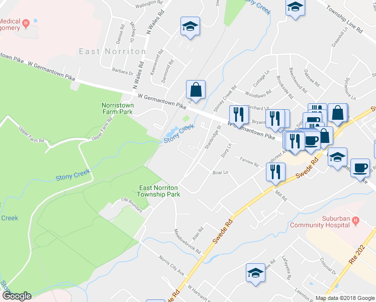 map of restaurants, bars, coffee shops, grocery stores, and more near 111 Teakwood Court in Norristown