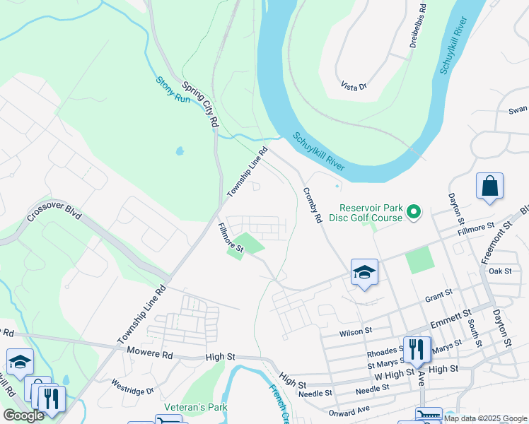 map of restaurants, bars, coffee shops, grocery stores, and more near 1295 Fillmore Street in Phoenixville