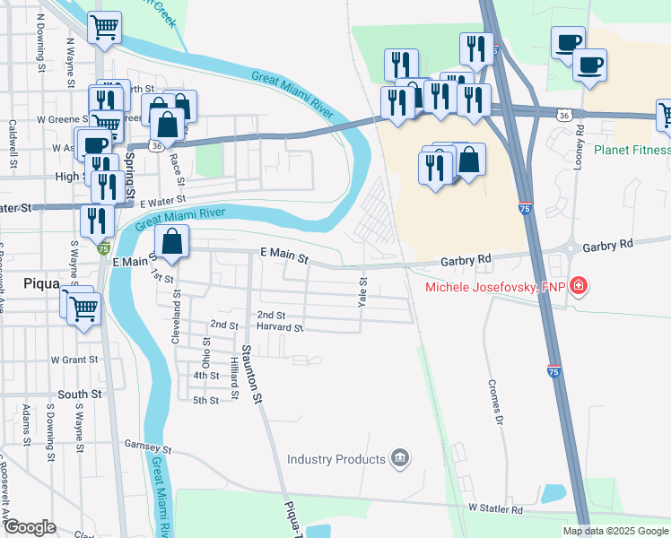 map of restaurants, bars, coffee shops, grocery stores, and more near 450 East Main Street in Piqua