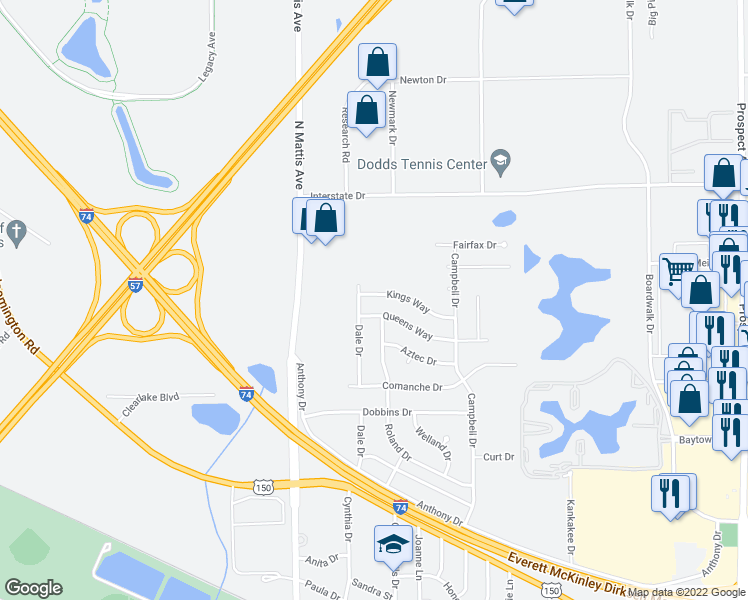 map of restaurants, bars, coffee shops, grocery stores, and more near 2614 North Mattis Avenue in Champaign