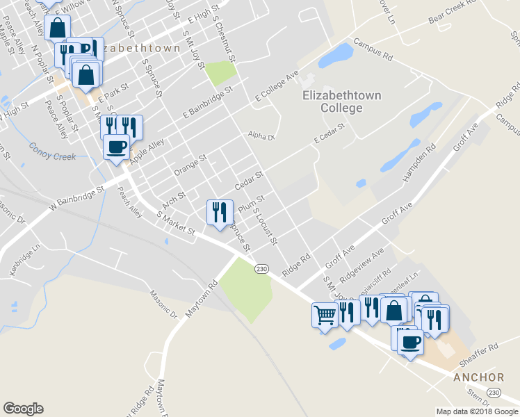map of restaurants, bars, coffee shops, grocery stores, and more near 825 South Locust Street in Elizabethtown