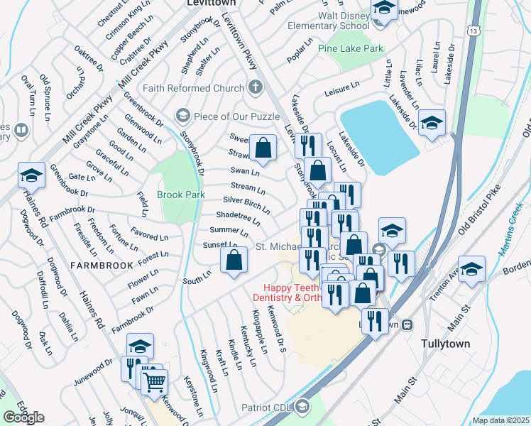 map of restaurants, bars, coffee shops, grocery stores, and more near 50 Silver Birch Lane in Levittown