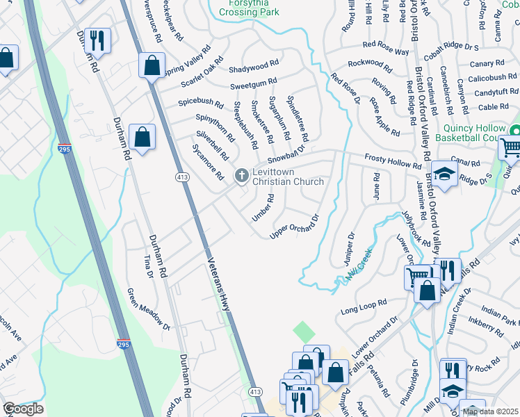 map of restaurants, bars, coffee shops, grocery stores, and more near 15 Umber Road in Levittown