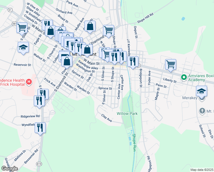 map of restaurants, bars, coffee shops, grocery stores, and more near 212 Spruce Street in Mount Pleasant