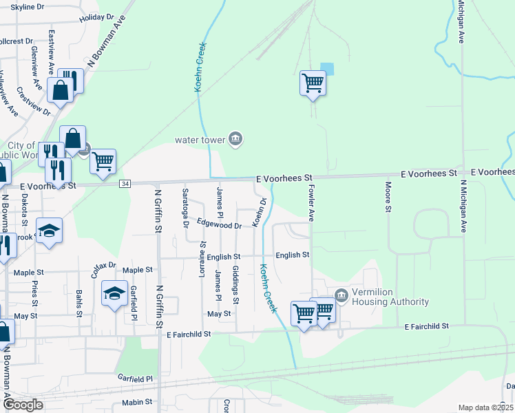 map of restaurants, bars, coffee shops, grocery stores, and more near 1208 Koehn Drive in Danville