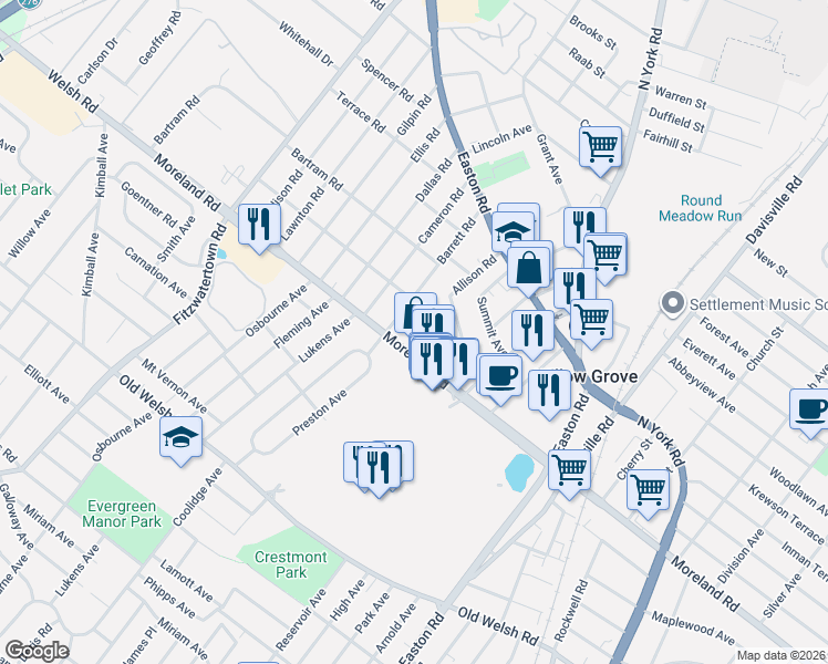 map of restaurants, bars, coffee shops, grocery stores, and more near 12 Barrett Road in Willow Grove