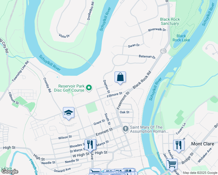 map of restaurants, bars, coffee shops, grocery stores, and more near 1054 Almond Drive in Phoenixville