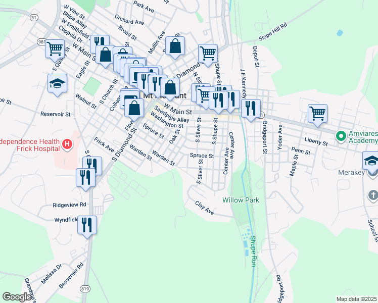 map of restaurants, bars, coffee shops, grocery stores, and more near 212 Spruce Street in Mount Pleasant