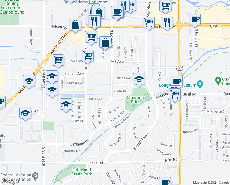 map of restaurants, bars, coffee shops, grocery stores, and more near 1121 South Gay Drive in Longmont
