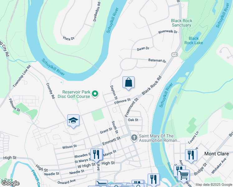 map of restaurants, bars, coffee shops, grocery stores, and more near 1054 Almond Drive in Phoenixville
