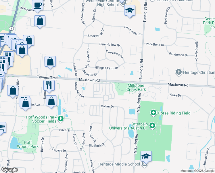 map of restaurants, bars, coffee shops, grocery stores, and more near 7075 Lake Valley Drive in Westerville