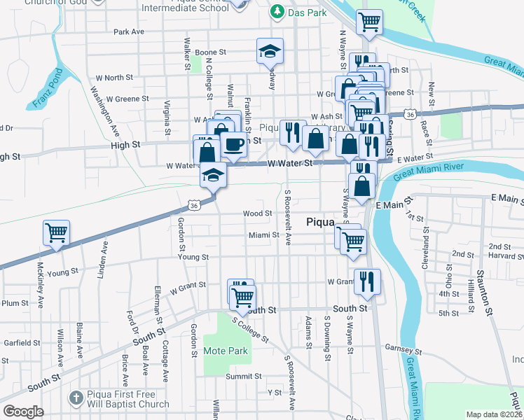 map of restaurants, bars, coffee shops, grocery stores, and more near 428 Wood Street in Piqua