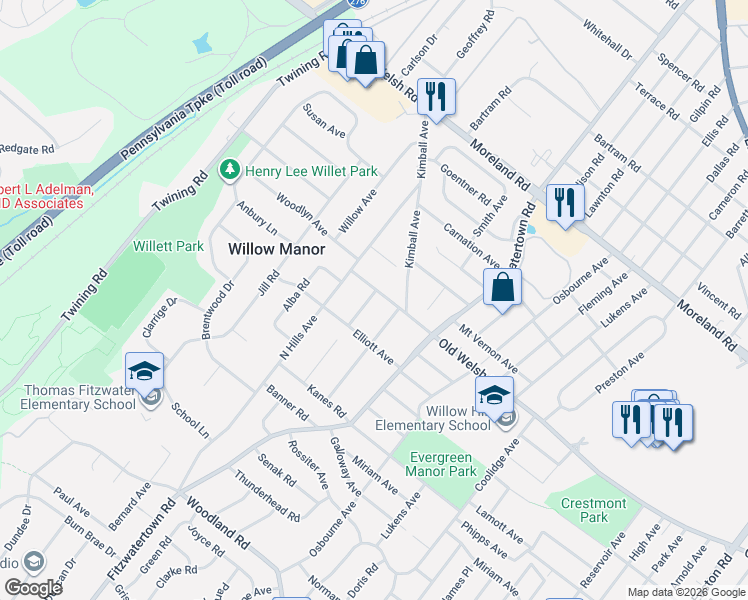 map of restaurants, bars, coffee shops, grocery stores, and more near 3003 Old Welsh Road in Willow Grove