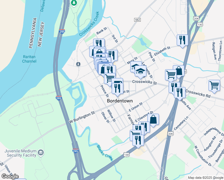 map of restaurants, bars, coffee shops, grocery stores, and more near in Bordentown