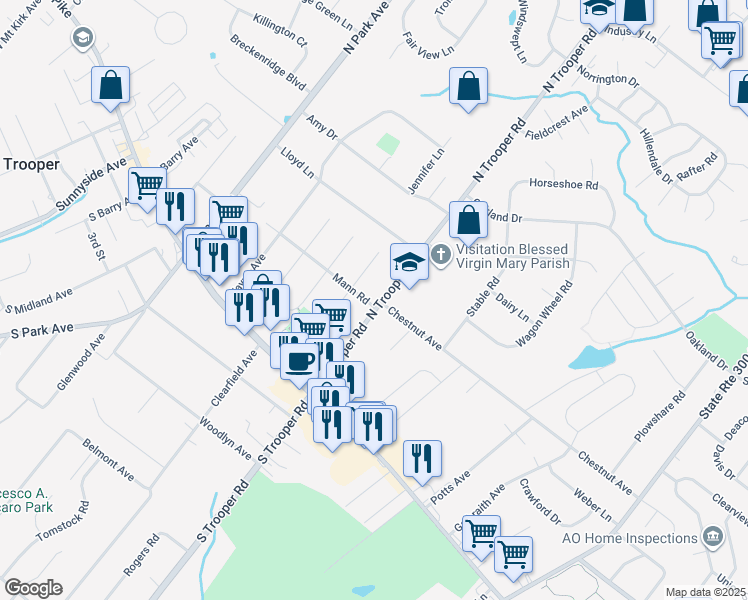 map of restaurants, bars, coffee shops, grocery stores, and more near 101 North Trooper Road in Eagleville
