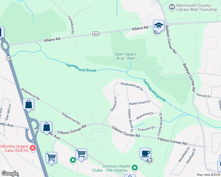 map of restaurants, bars, coffee shops, grocery stores, and more near 2104 Shadowbrook Drive in Wall Township
