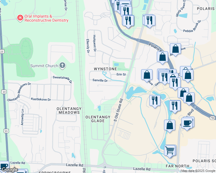 map of restaurants, bars, coffee shops, grocery stores, and more near 749-1 Enclave Village Place in Lewis Center