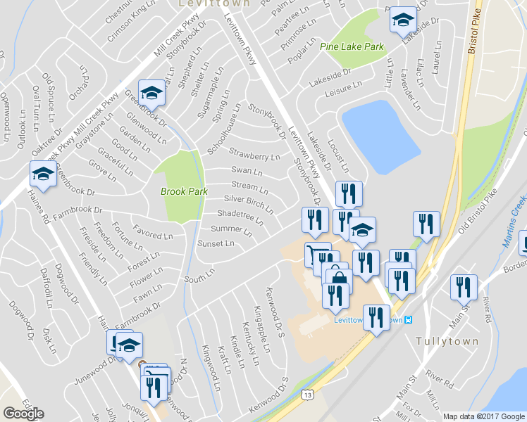 map of restaurants, bars, coffee shops, grocery stores, and more near 50 Silver Birch Lane in Levittown