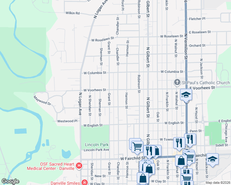 map of restaurants, bars, coffee shops, grocery stores, and more near 701-799 W Voorhees St in Danville