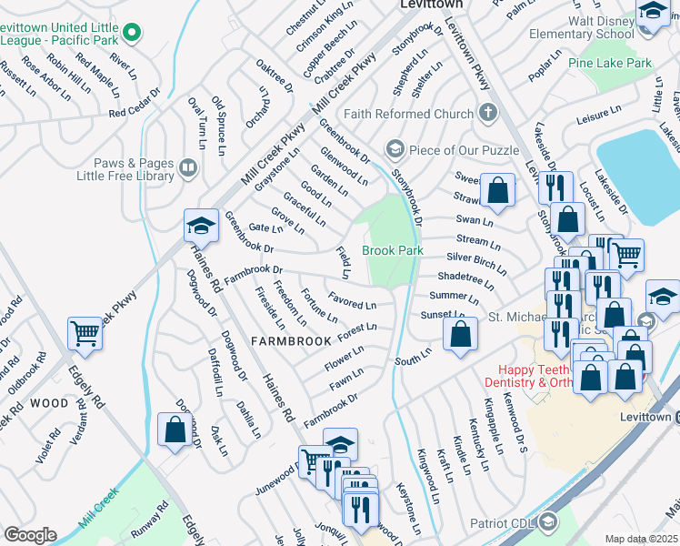map of restaurants, bars, coffee shops, grocery stores, and more near 1 Field Lane in Levittown