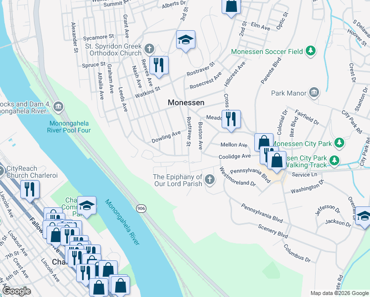 map of restaurants, bars, coffee shops, grocery stores, and more near 1504 Jones Street in Monessen