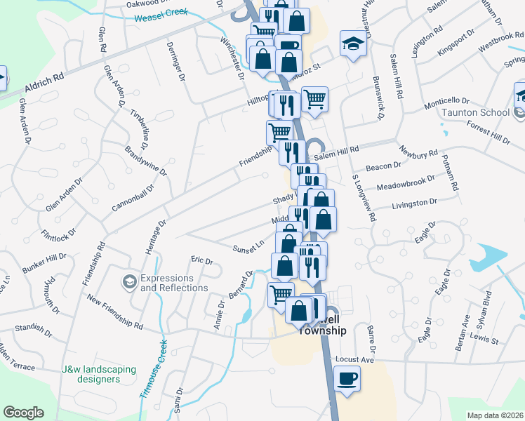map of restaurants, bars, coffee shops, grocery stores, and more near 423 Shady Lane in Howell Township