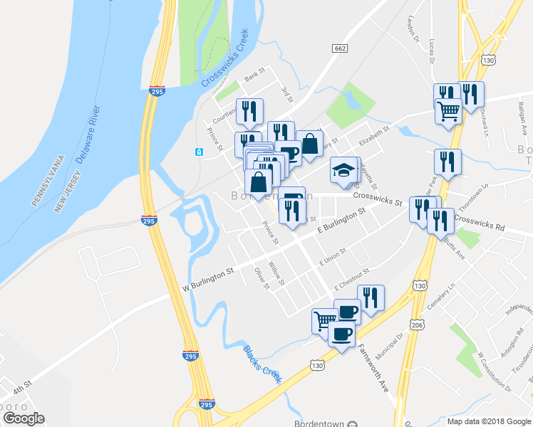 map of restaurants, bars, coffee shops, grocery stores, and more near 319 Prince Street in Bordentown