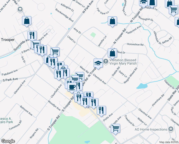 map of restaurants, bars, coffee shops, grocery stores, and more near 101 North Trooper Road in Eagleville